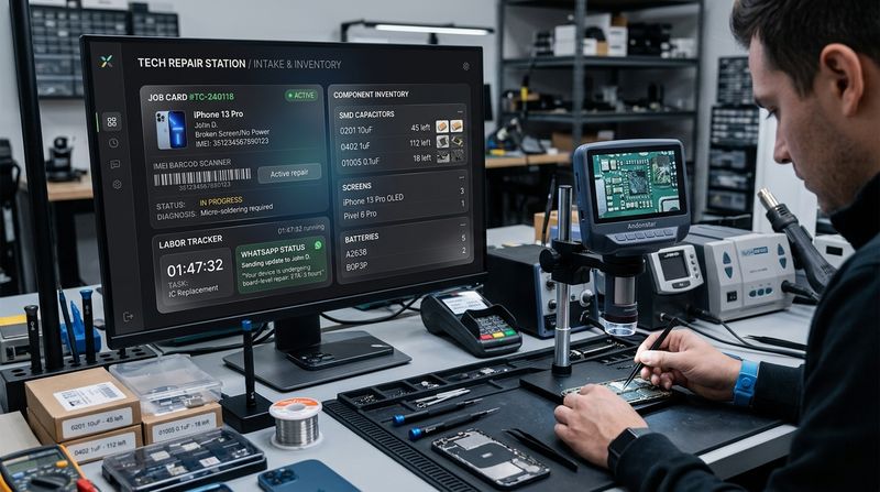 Electronics repair job-card workspace